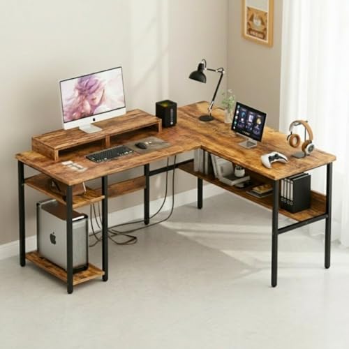 Image of TEKAVO Daino L Shaped Computer Table with CPU Storage | Corner Office Work Desk with bottm Shelf | Office Table for Work | Brown Color