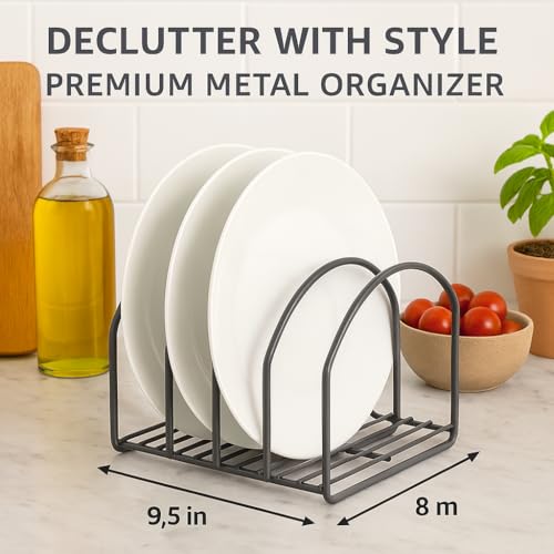 Image of Iron Pan & Pot Lid Organizer Rack - Black 3-Slot Cookware Holder for Cabinets & Pantry, Chopping Board Stand & Space-Saving Kitchen Organizer (9.5 x 8 x 7.25 in)