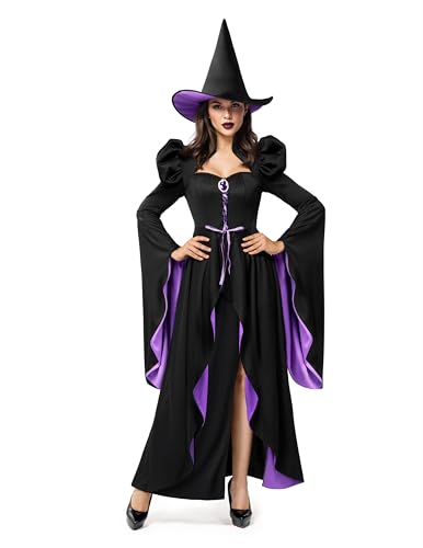 Spooktacular Creations Klassisches Hexenkostüm-Outfit für Damen, Halloweenkostüm mit Hexenkleid-Hut-Accessoire für Cosplay