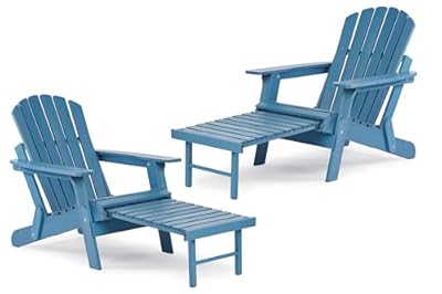 Set of 2 Oversized Outdoor Wooden Folding Adirondack Chair with Retractable Ottoman, Pre-Assembled BackRest & SeatBoard, Wood Patio Chair for Garden Backyard Porch Pool Deck Firepit