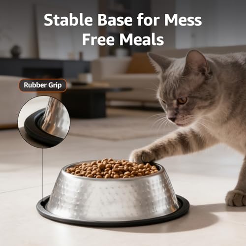 Image of Amazon Basics Stainless Steel Pet Feeding Bowls for Dog & Cats | Anti Slip Base | Hammering in SS Shiny - 900 ml