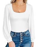 MANGOPOP Sexy Scoop Neck Loose Lantern Long Sleeve Bodysuit for Women (A Long Sleeve White, Small)