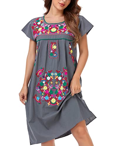 Image of YZXDORWJ Women Mexican Embroidered Long Dress Ruffle Collar Maxi Boho Floral Summer Short Sleeve