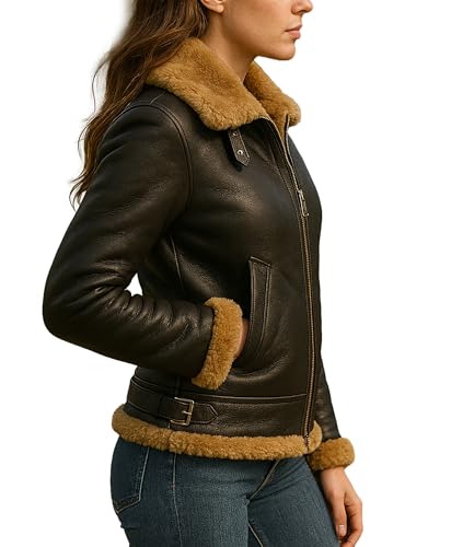 Women's Shearling Jacket - B3 Hooded Leather Brown Shearling Sheepskin Bomber Jacket2