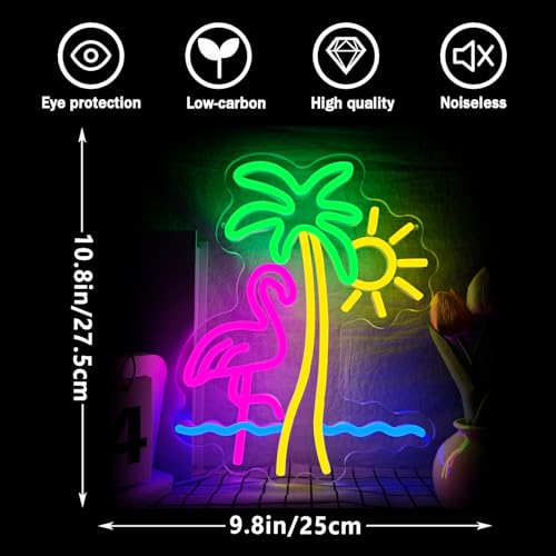 Image of Flamingo Sun Palm Tree Neon Sign for Wall Decor Flamingo Led Neon Lights Sun Wave Neon Signs Dimmable for for Bedroom Living Room Man Cave Bar Club