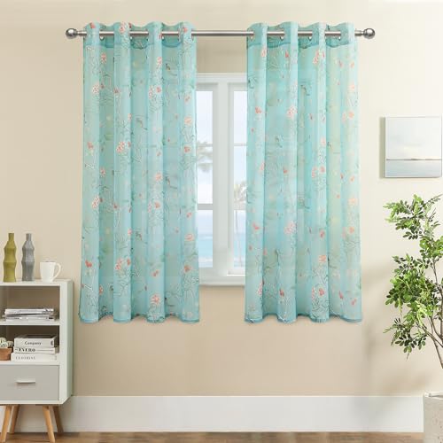 Image of XTMYI Turquoise Floral Sheer Curtains for Kitchen, Blue and Green Coastal Cottage Farmhouse Curtains for Bedroom Living Room, 63 Inch Length