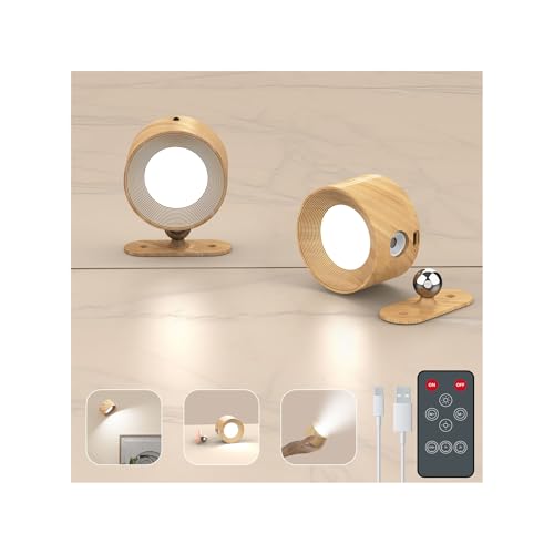 Deyagoo 2PACK LED Wall Sconce - Rechargeable Cordless Wall Light, 3 Colors & 3 Brightness Levels, 360° Magnetic Rotating Head, Bedside Reading Lamp, Easy Install Battery Operated Lamp Wood