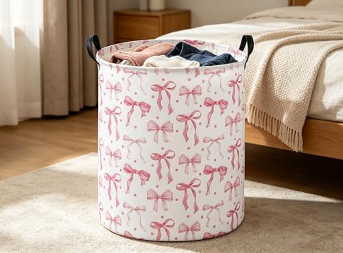 Image of Pink Laundry Basket Bow Hamper for Nursery Hamper Cute Storage Bin Room Decor for Home(Bow)