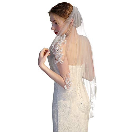Delleu Hochzeit Brautschleier Kristall Perlen Weiß Elfenbein Spitze Appliques Schleier mit Kamm Cover