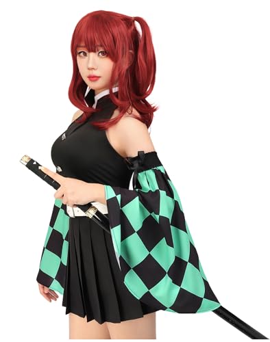C-ZOFEK Kamado Tanjirou Cosplay Women Costume Top Pleated Skirt Detachable Sleeves with Belt (X-Large) Black