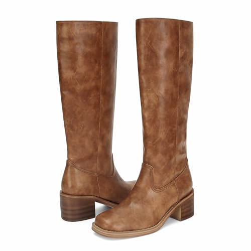 Image of DOEYG Women's Banana Knee High Boots Square Toe Chunky Block Heel Tall Boots Wide Calf Fashion Comfortable Casual Pull on Long Boots