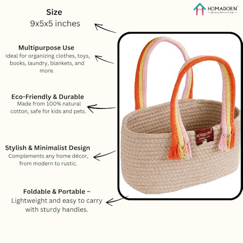 Image of HOMADORN Cotton Storage Basket with Sturdy Handles - Foldable, Durable, and Stylish Organizer for Toys, Clothes,Gifting and Home Essentials (BEIGE)