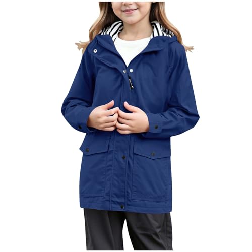Kids Girls Hooded Rain Jacket Zip Up Windbreaker Windproof Raincoats Plain Coat Button Front Jacket Outdoor Hoodie Outerwear