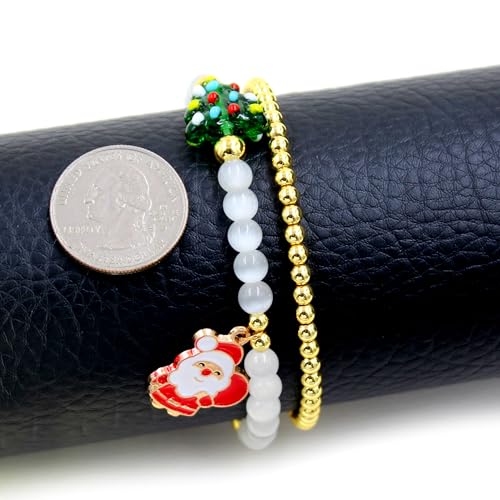 Image of 2 Christmas Couple Bracelets, Santa /Christmas Starfish /Christmas Tree Charm and 4mm Brass Beaded Stretch Bracelet for New Year Gifts for Family and Friends