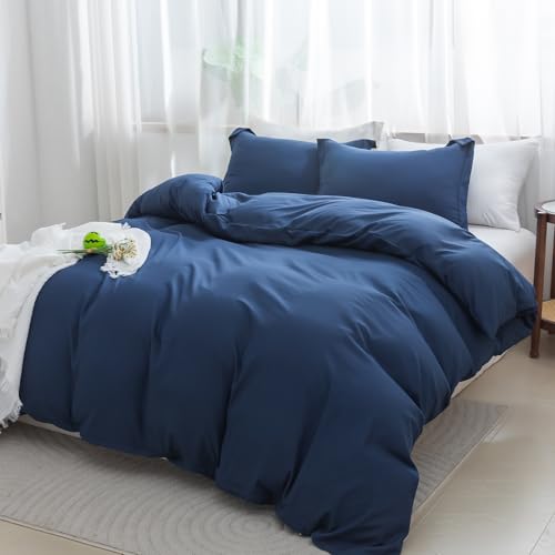 Image of SheRest Navy Duvet Cover Full Size - Soft Brushed Microfiber, 3 Pieces, 1 Duvet Cover 80x90 Inches with Zipper Closure 8 Ties & 2 Pillow Shams, Breathable Bedding Set for All Season (No Comforter)