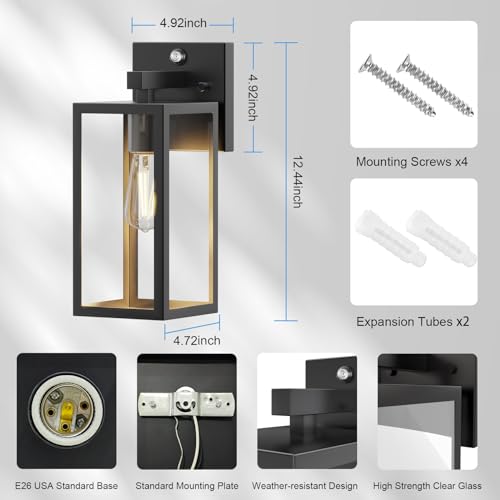 Image of Dusk to Dawn Porch Outdoor Light, 2 Pack Wall Light Fixtures Waterproof Exterior Wall Sconce Light Fixture with E26 Base for Patio Entryway Hallway (Bulb not Included)