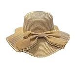 yeuyyben cappello di paglia da donna, con fiocco, per estate, spiaggia, viaggi, visiere femminili, alla moda, a tesa larga, floppy, protezione solare, cachi, 7125