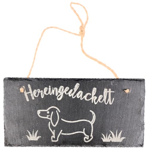 Spruchreif | Wetterfestes Schieferschild mit Gravur „Hereingedackelt“ | Türschild aus Schiefer mit Kordel | Willkommensschild für Hundebesitzer & Geschenkidee für Dackel-Liebhaber