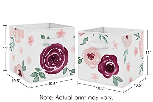 Image of Sweet Jojo Designs Burgundy Watercolor Floral Foldable Fabric Storage Cube Bins Boxes Organizer Toys Kids Baby Childrens - Set of 2 - Blush Pink Maroon Wine Rose Green Shabby Chic Flower Farmhouse