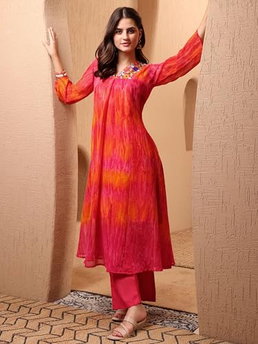 Image of EthnicJunction Women Georgette Relaxed Fit Tie & Dye & Embroidered A-Line Flared Kurta,Summer Kurta,Kurta For Office,Long Kurti