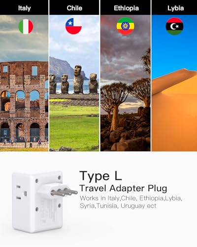 Italy Travel Plug Adapter, Italy Travel Essentials, Type L Adapter for Italy, San Marino, Vatican City, European Plug Adapter with 3 Electrical Outlets and 3 USB Charger Ports2