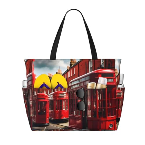 Red London Street Print Large Waterproof Beach Bag For Women With Zipper And Pockets For Travel Vacation