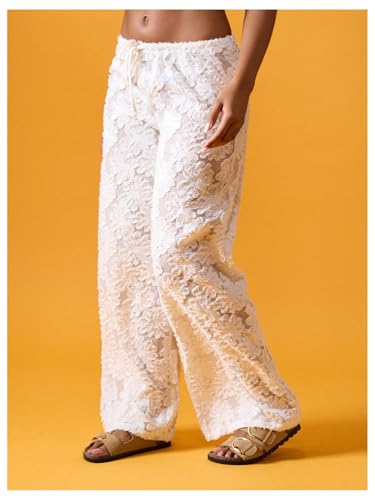 Women's Floral Textured Lace Pants Y2k Sheer Mesh Drawstring Waist Wide Leg Lounge Pants Casual3