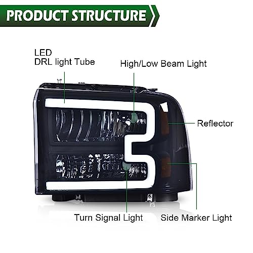 Image of GRAND ORANGE [LED DRL BAR Headlights Assembly Compatible with 2005-2007 Ford F250 F350 F450 F550 Super Duty / 05 Ford Excursion Smoke Black Amber