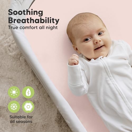 Image of 2-Pack Organic Bassinet Sheets for Girls, Boys - 100% Cotton Bassinet Mattress Sheets Compatible with Halo Bassinest Swivel Sleeper, Graco, Baby Delight, Chicco, Fitted Bassinet Sheets (Cameo)