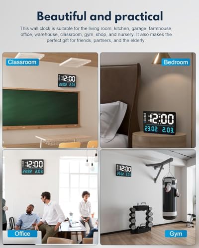 Image of Digital Wall Clock - Large Blue LED Display, Dual Alarms, Auto Brightness, Date, Day & Temperature, Remote Control, Plastic Square Design for Home, Office & Bedroom