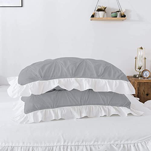 Image of 300 TC Pinch Ruffle 2 Tone Duvet /Razai /Blanket Cover with 2 Pillow Cover- 100% Cotton (Zipper Closure) Razai Cover 3 PC Set, Soft & Lightweight-Double Size White /Light Grey