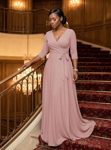 Image of PinkPatty Plus Size Maxi Dresses for Women Casual Flowy Long Dress 3 /4 Sleeve V Neck Wrap Dress with Belt