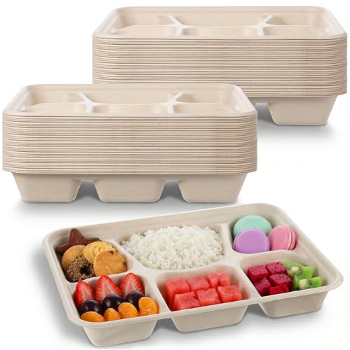 Meyeyaia 50 Pack 6 Compartment Disposable Plates, Heavy Duty Paper Plates with Compartments, Compostable Bagasse Plate for School, Party & Catering Trays, 11