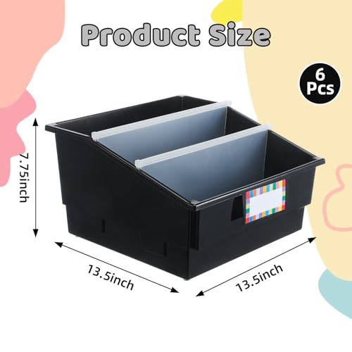 Lineshading 6 Set Plastic Book Bins - Classroom Picture Book Bins with Dividers & Label for School Library, Magazines Storage Organizer(Black)