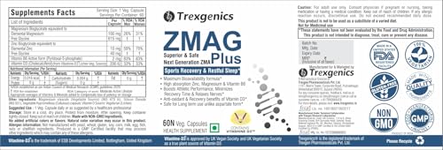 Image of Trexgenics ZMAG PLUS Next Generation Sports Recovery, Restful Sleep complex with Bioactive Zinc & Magnesium Bisglycinate, Active B6 P5P & Vit. D3 Advanced, Bioavailable & Safe (60 Veg Capsules)