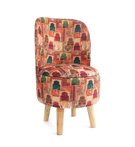 Image of NACIA Elegant Velvet Printed Ottoman Chair | Dressing Table Chair for Bedroom Makeup Room Decor | Modern Upholstered Ottoman with Wooden Legs for Living Room & Home (18x18x32 Inches, Beige Drabar)