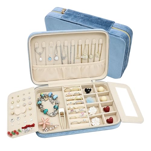 Boxudeli Travel Jewellery Box Large Size Velvet Jewellery Case Portable Small Jewellery Organiser for Earrings Rings Necklaces Bracelets Travel Jewellery Storage Case for Women (Misty Blue)