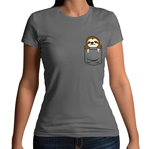 Womens Pocket Sloth Mini Pet Cute Funny T-Shirt Charcoal Grey UK 12-14 (XL)