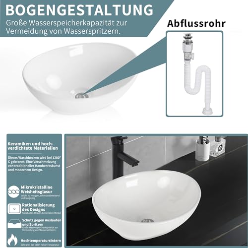 OUUTMEE Oval aufsatzbecken klein Hänge- oder Aufsatz Waschbecken Gäste WC Weiß + Armatur aufsatzbecken klein Handwaschbecken
