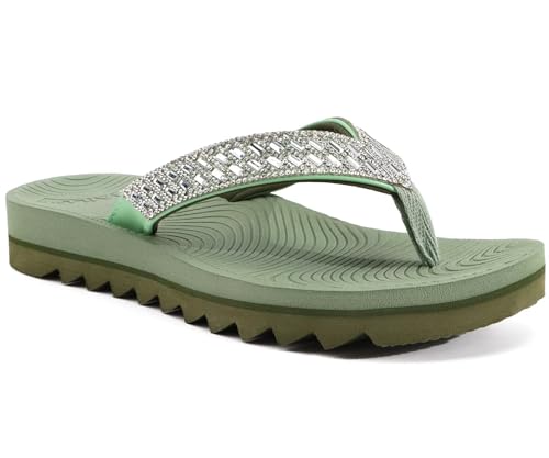 KuaiLu Womens Orthopedic Flip Flops with Arch Support Yoga Mat Cushion Fashion Rhinestone Sandals Summer Walking Beach Travel Thong Slides Comfy Plantar Fasciitis Indoor Outdoor Sandles Green 8