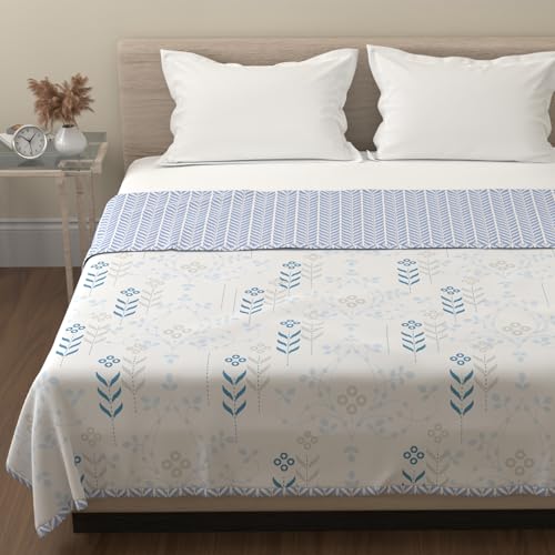 Image of HUESLAND 100% Cotton Reversible Dohar Single Bed Cotton | Soft Cambric Weave, Lightweight AC Blanket for Summer & All Weather Use | 56 x 89 inches, Petal - White & Arctic Blue