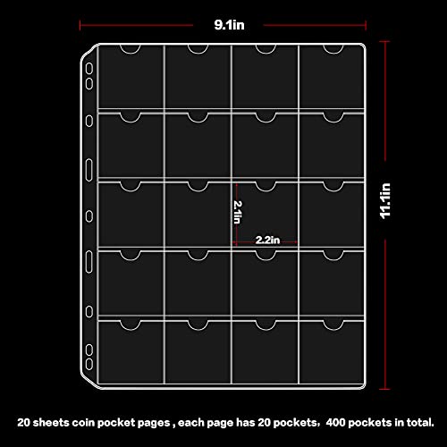 400 Cardboard Coin Holder For Collectors With 20 Sheets Coin Pocket Pages, 400 Pockets Coins Collecting Book Sleeves Protectors Storage And 8 Size 2" X 2" Currency Holders For Coin Collection Supplies #TOP4