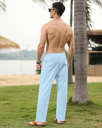 Endoradore Men's Linen Cotton Pants Slim Fit Joggers Pants Athletic Workout Elastic Trousers Pants Beach Vacation Lightblue #TOP5