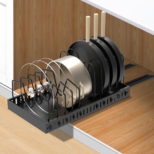 FLSEPAMB Topfdeckelhalter, Ausziehbarer Deckelhalter Schublade mit 10 Verstellbaren Fächern, Topfdeckel Organizer aus Metall für Küchenutensilien, Pfannen, Töpfe, Deckel (Schwarz)