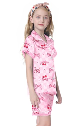 Image of Umeyda Women & Girls Pajamas Set, 2 Piece PJS Satin Silk Sleepwear Button-Down Top with Shorts for Mom Kids Gifts