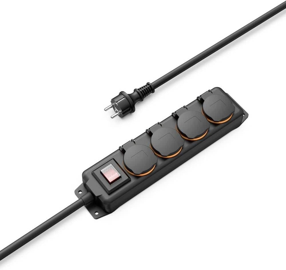 HAMA | 4 Outlet Power Strip (Outdoor Power Strip, 4 Outlets with On/Off Switch, 2 m Cable, Locking Cover to Prevent Water and Dust) Color Black