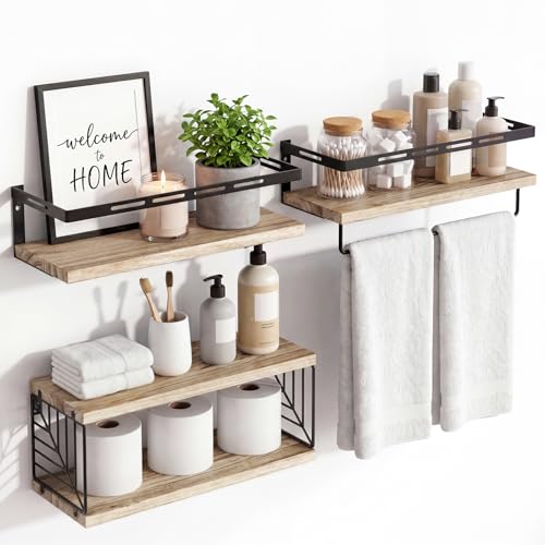 Fixwal Bathroom Shelves Over Toilet, Floating Shelves Wall Mounted with Metal Frame and Towel Bar...
