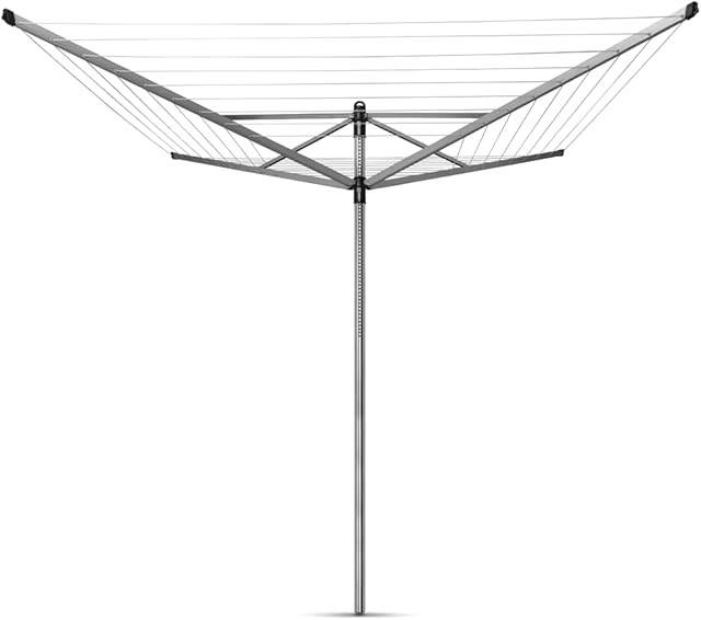Brabantia - Lift-O-Matic - 50 Metres of Clothes Line - Adjustable in Height - UV-Resistant & Non-Slip Lining - Umbrella System - with Ground Spike 45 mm & Cover - Metallic Grey - ø 295 cm