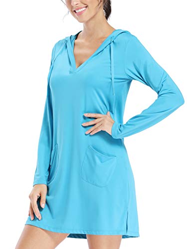 Willit Women's UPF 50+ Cover-Up Dress SPF Long Sleeve Shirt Dress Sun Protection Hiking Beach Blue XL