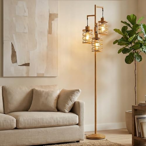 Image of Oneach 70 inch Industrial Floor Lamp, Stepless Dimmable Standing Lamp with 3 Bulbs, Farmhouse Corner Standing Tree Lamp for Living Room, Tall Lamps for Bedroom, Office, Study Room, Dining Room, Wood Grain